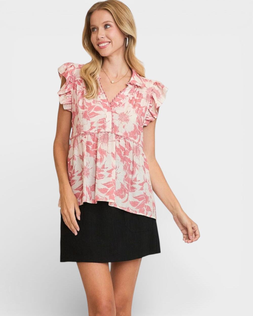 Umgee Botanical Print Babydoll Blouse Top 1XL Pink Ruffle Feminine Plus Size